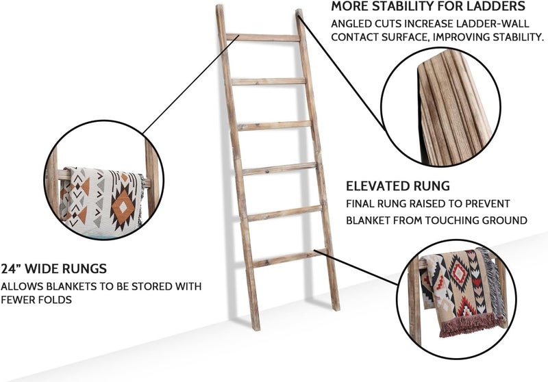 FUIN 6.4ft Extra Wide Wooden Blanket Ladder Living Room Decorative Wal Leaning Farmhouse Quilt Display Holder Rustic Wood Towel Rack for Bathroom, Burnt Brown, 24 inch Wide - Image 2